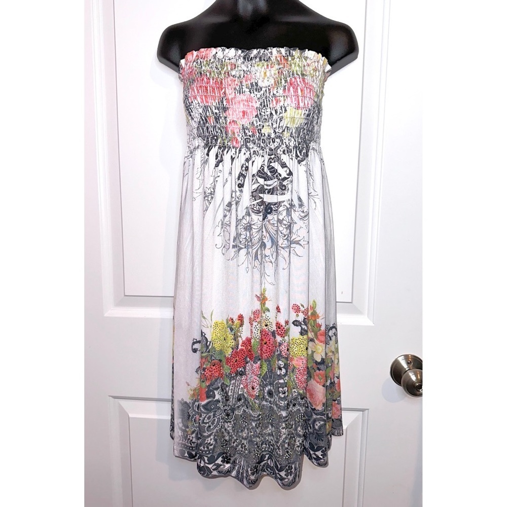 R. Rouge strapless white dress with rhinestone embellishment
